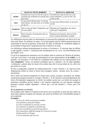 DANS LE PETIT ROBERT                                DANS LE LAROUSSE
               Caractère de ce qui est réel, de ce qui ne      Caractère de ce qui est réel, de ce qui
   Réalité     constitue pas seulement un concept mais         existe réellement ; ce qui est réel , qui
               une chose.                                      existe en fait.
               Ce qui existe effectivement ; les choses
                                                               Ce qui existe effectivement, ce qui arrive
    Réel       elles-mêmes ; les faits réels, la vie réelle,
                                                               en fait.
               ce qui est.
               Qui n’existe que dans l’imagination, qui Domaine de l’imagination, des choses
 Imaginaire
               est sans réalité.                        créées par l’imagination.

               Récit d’actions, d’événements réels ou          Relation d’événements, réels ou fictifs ;
   Histoire
               imaginaires.                                    récit, aventure particulière, incident.
Les définitions trouvées dans les dictionnaires ne peuvent être proposées aux élèves de 8 ans
sous cette forme. En utilisant ces mots, il n’est pas garanti que les enfants puissent percevoir
exactement le sens de la question. Il faut donc les aider en utilisant un vocabulaire adapté ou
en travaillant à long terme l’acquisition du sens à donner à ces mots.
Les définitions utilisent principalement la notion « d’existence ». Il convient donc de définir
ce que signifie « exister » : (Larousse) être actuellement en vie, vivre ; (Le Petit Robert) avoir
une réalité, vivre.
Ce qu’il est important de construire avec les enfants, dans le contexte de l’histoire de Norbert,
c’est que l’ours brun ( voir page de présentation) est une représentation de la réalité et « la
peluche » (le nounours si l’on utilise le vocabulaire des enfants) est une représentation d’un
objet imaginaire. Certes, on pourrait considérer que la « peluche » est un objet palpable,
« réellement » présent dans les mains d’un enfant mais elle n’est pas dotée de vie, elle n’est
pas réelle en ce sens.
Il reste à comprendre comment les enfants perçoivent le mot « histoire ». Il s’agit d’un mot
fréquemment utilisé en classe à travers des consignes variées : raconte, écris, lis, écoute…
une histoire.
Par le choix des histoires proposées en classe (lues, écrites, écoutées, racontées), les enfants
construisent progressivement le concept « histoire ». Si les histoires sont principalement des
récits d’événements imaginaires ou fictifs, les enfants auront une vue étroite du concept et
pourraient considérer qu’une histoire, c’est toujours imaginaire (ce qui pourrait expliquer
pourquoi certains enfants répondent : « Parce que c’est une histoire », « Parce que c’est
écrit »).
  LES RÉPONSES ACCEPTÉES
Est acceptée toute réponse évoquant le fait qu’un ours en peluche ne peut pas être animé ou
toute autre réponse évoquant une attitude, une action de Norbert non vraisemblable puisqu’il
est en peluche.
Exemples :
        Un ours de vitrine ne peut pas trembler.
        Une peluche ne peut pas bouger.
        Les ours en peluche ne sont pas vivants.
        Les nounours en peluche ne parlent pas.
        Les ours en peluche ne peuvent pas penser.
        Il ne saurait pas réfléchir puisqu’il n’a pas de cerveau.
        Norbert parle et il bouge.
        C’est un nounours qui a la vie.



                                                  58
 