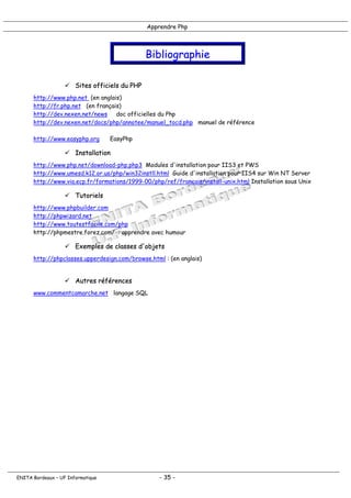 Apprendre Php
ENITA Bordeaux – UF Informatique - 35 -
Bibliographie
! Sites officiels du PHP
http://www.php.net (en anglais)
http://fr.php.net (en français)
http://dev.nexen.net/news doc officielles du Php
http://dev.nexen.net/docs/php/annotee/manuel_tocd.php manuel de référence
http://www.easyphp.org EasyPhp
! Installation
http://www.php.net/download-php.php3 Modules d'installation pour IIS3 et PWS
http://www.umesd.k12.or.us/php/win32instll.html Guide d'installation pour IIS4 sur Win NT Server
http://www.via.ecp.fr/formations/1999-00/php/ref/francais/install-unix.html Installation sous Unix
! Tutoriels
http://www.phpbuilder.com
http://phpwizard.net
http://www.toutestfacile.com/php
http://phpmestre.forez.com/ : apprendre avec humour
! Exemples de classes d'objets
http://phpclasses.upperdesign.com/browse.html : (en anglais)
! Autres références
www.commentcamarche.net langage SQL
 