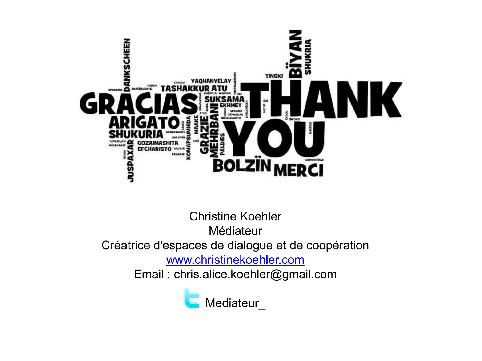 Christine KoehlerMédiateur Créatrice d'espaces de dialogue et de coopérationwww.christinekoehler.comEmail : chris.alice.koehler@gmail.comMediateur_