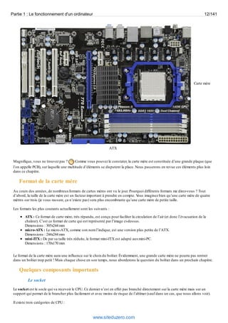 Partie 1 : Le fonctionnement d'un ordinateur 12/141 
Carte mère 
ATX 
Magnifique, vous ne trouvez pas ? Comme vous pouvez le constater, la carte mère est constituée d’une grande plaque (que 
l’on appelle PCB), sur laquelle une multitude d’éléments se disputent la place. Nous passerons en revue ces éléments plus loin 
dans ce chapitre. 
Format de la carte mère 
Au cours des années, de nombreux formats de cartes mères ont vu le jour. Pourquoi différents formats me direz-vous ? Tout 
d’abord, la taille de la carte mère est un facteur important à prendre en compte. Vous imaginez bien qu’une carte mère de quatre 
mètres sur trois (je vous rassure, ça n’existe pas) sera plus encombrante qu’une carte mère de petite taille. 
Les formats les plus courants actuellement sont les suivants : 
ATX : Ce format de carte mère, très répandu, est conçu pour faciliter la circulation de l’air (et donc l’évacuation de la 
chaleur). C’est ce format de carte qui est représenté par l’image ci-dessus. 
Dimensions : 305x244 mm 
micro-ATX : Le micro-ATX, comme son nom l’indique, est une version plus petite de l’ATX. 
Dimensions : 244x244 mm 
mini-ITX : De par sa taille très réduite, le format mini-ITX est adapté aux mini-PC. 
Dimensions : 170x170 mm 
Le format de la carte mère aura une influence sur le choix du boîtier. Évidemment, une grande carte mère ne pourra pas rentrer 
dans un boîtier trop petit ! Mais chaque chose en son temps, nous aborderons la question du boîtier dans un prochain chapitre. 
Quelques composants importants 
Le socket 
Le socket est le socle qui va recevoir le CPU. Ce dernier n’est en effet pas branché directement sur la carte mère mais sur un 
support qui permet de le brancher plus facilement et avec moins de risque de l’abîmer (sauf dans un cas, que nous allons voir). 
Il existe trois catégories de CPU : 
www.siteduzero.com 
 