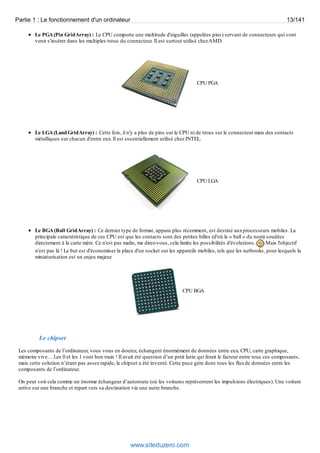 Partie 1 : Le fonctionnement d'un ordinateur 13/141 
Le PGA (Pin Grid Array) : Le CPU comporte une multitude d'aiguilles (appelées pins) servant de connecteurs qui vont 
venir s'insérer dans les multiples trous du connecteur. Il est surtout utilisé chez AMD. 
CPU PGA 
Le LGA (Land Grid Array) : Cette fois, il n'y a plus de pins sur le CPU ni de trous sur le connecteur mais des contacts 
métalliques sur chacun d'entre eux. Il est essentiellement utilisé chez INTEL. 
CPU LGA 
Le BGA (Ball Grid Array) : Ce dernier type de format, apparu plus récemment, est destiné aux processeurs mobiles. La 
principale caractéristique de ces CPU est que les contacts sont des petites billes (d'où le « ball » du nom) soudées 
directement à la carte mère. Ce n'est pas malin, me direz-vous, cela limite les possibilités d'évolutions. Mais l'objectif 
n'est pas là ! Le but est d'économiser la place d'un socket sur les appareils mobiles, tels que les netbooks, pour lesquels la 
miniaturisation est un enjeu majeur. 
CPU BGA 
Le chipset 
Les composants de l’ordinateur, vous vous en doutez, échangent énormément de données entre eux. CPU, carte graphique, 
mémoire vive… Les 0 et les 1 vont bon train ! Il avait été question d’un petit lutin qui ferait le facteur entre tous ces composants, 
mais cette solution n’étant pas assez rapide, le chipset a été inventé. Cette puce gère donc tous les flux de données entre les 
composants de l’ordinateur. 
On peut voir cela comme un énorme échangeur d’autoroute (où les voitures représentent les impulsions électriques). Une voiture 
arrive sur une branche et repart vers sa destination via une autre branche. 
www.siteduzero.com 
 