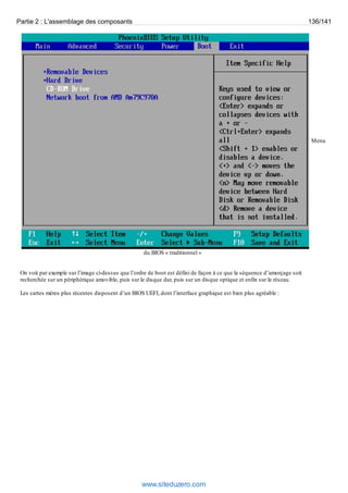 Partie 2 : L'assemblage des composants 136/141 
Menu 
du BIOS « traditionnel » 
On voit par exemple sur l’image ci-dessus que l’ordre de boot est défini de façon à ce que la séquence d’amorçage soit 
recherchée sur un périphérique amovible, puis sur le disque dur, puis sur un disque optique et enfin sur le réseau. 
Les cartes mères plus récentes disposent d’un BIOS UEFI, dont l’interface graphique est bien plus agréable : 
www.siteduzero.com 
 