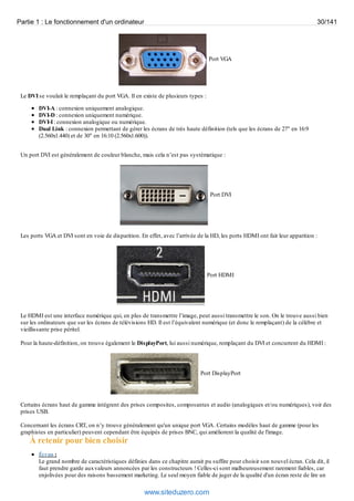 Partie 1 : Le fonctionnement d'un ordinateur 30/141 
Port VGA 
Le DVI se voulait le remplaçant du port VGA. Il en existe de plusieurs types : 
DVI-A : connexion uniquement analogique. 
DVI-D : connexion uniquement numérique. 
DVI-I : connexion analogique ou numérique. 
Dual Link : connexion permettant de gérer les écrans de très haute définition (tels que les écrans de 27" en 16:9 
(2.560x1.440) et de 30" en 16:10 (2.560x1.600)). 
Un port DVI est généralement de couleur blanche, mais cela n’est pas systématique : 
Port DVI 
Les ports VGA et DVI sont en voie de disparition. En effet, avec l’arrivée de la HD, les ports HDMI ont fait leur apparition : 
Port HDMI 
Le HDMI est une interface numérique qui, en plus de transmettre l’image, peut aussi transmettre le son. On le trouve aussi bien 
sur les ordinateurs que sur les écrans de télévisions HD. Il est l’équivalent numérique (et donc le remplaçant) de la célèbre et 
vieillissante prise péritel. 
Pour la haute-définition, on trouve également le DisplayPort, lui aussi numérique, remplaçant du DVI et concurrent du HDMI : 
Port DisplayPort 
Certains écrans haut de gamme intègrent des prises composites, composantes et audio (analogiques et/ou numériques), voir des 
prises USB. 
Concernant les écrans CRT, on n’y trouve généralement qu'un unique port VGA. Certains modèles haut de gamme (pour les 
graphistes en particulier) peuvent cependant être équipés de prises BNC, qui améliorent la qualité de l'image. 
À retenir pour bien choisir 
Écran : 
Le grand nombre de caractéristiques définies dans ce chapitre aurait pu suffire pour choisir son nouvel écran. Cela dit, il 
faut prendre garde aux valeurs annoncées par les constructeurs ! Celles-ci sont malheureusement rarement fiables, car 
enjolivées pour des raisons bassement marketing. Le seul moyen fiable de juger de la qualité d'un écran reste de lire un 
www.siteduzero.com 
 