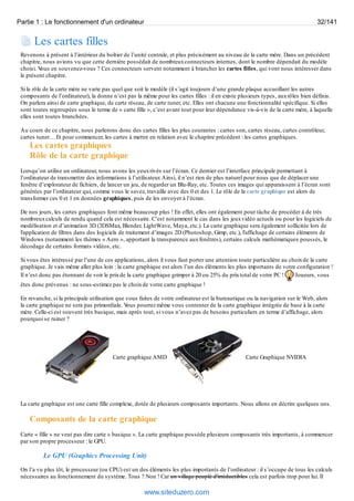 Partie 1 : Le fonctionnement d'un ordinateur 32/141 
Les cartes filles 
Revenons à présent à l’intérieur du boîtier de l’unité centrale, et plus précisément au niveau de la carte mère. Dans un précédent 
chapitre, nous avions vu que cette dernière possédait de nombreux connecteurs internes, dont le nombre dépendait du modèle 
choisi. Vous en souvenez-vous ? Ces connecteurs servent notamment à brancher les cartes filles, qui vont nous intéresser dans 
le présent chapitre. 
Si le rôle de la carte mère ne varie pas quel que soit le modèle (il s’agit toujours d’une grande plaque accueillant les autres 
composants de l’ordinateur), la donne n’est pas la même pour les cartes filles : il en existe plusieurs types, aux rôles bien définis. 
On parlera ainsi de carte graphique, de carte réseau, de carte tuner, etc. Elles ont chacune une fonctionnalité spécifique. Si elles 
sont toutes regroupées sous le terme de « carte fille », c’est avant tout pour leur dépendance vis-à-vis de la carte mère, à laquelle 
elles sont toutes branchées. 
Au cours de ce chapitre, nous parlerons donc des cartes filles les plus courantes : cartes son, cartes réseau, cartes contrôleur, 
cartes tuner… Et pour commencer, les cartes à mettre en relation avec le chapitre précédent : les cartes graphiques. 
Les cartes graphiques 
Rôle de la carte graphique 
Lorsqu’on utilise un ordinateur, nous avons les yeux rivés sur l’écran. Ce dernier est l’interface principale permettant à 
l’ordinateur de transmettre des informations à l’utilisateur. Ainsi, il n’est rien de plus naturel pour nous que de déplacer une 
fenêtre d’explorateur de fichiers, de lancer un jeu, de regarder un Blu-Ray, etc. Toutes ces images qui apparaissent à l’écran sont 
générées par l’ordinateur qui, comme vous le savez, travaille avec des 0 et des 1. Le rôle de la carte graphique est alors de 
transformer ces 0 et 1 en données graphiques, puis de les envoyer à l’écran. 
De nos jours, les cartes graphiques font même beaucoup plus ! En effet, elles ont également pour tâche de procéder à de très 
nombreux calculs de rendu quand cela est nécessaire. C’est notamment le cas dans les jeux vidéo actuels ou pour les logiciels de 
modélisation et d’animation 3D (3DSMax, Blender, LightWave, Maya, etc.). La carte graphique sera également sollicitée lors de 
l'application de filtres dans des logiciels de traitement d’images 2D (Photoshop, Gimp, etc.), l'affichage de certains éléments de 
Windows (notamment les thèmes « Aero », apportant la transparence aux fenêtres), certains calculs mathématiques poussés, le 
décodage de certains formats vidéos, etc. 
Si vous êtes intéressé par l’une de ces applications, alors il vous faut porter une attention toute particulière au choix de la carte 
graphique. Je vais même aller plus loin : la carte graphique est alors l’un des éléments les plus importants de votre configuration ! 
Il n’est donc pas étonnant de voir le prix de la carte graphique grimper à 20 ou 25% du prix total de votre PC ! Joueurs, vous 
êtes donc prévenus : ne sous-estimez pas le choix de votre carte graphique ! 
En revanche, si la principale utilisation que vous faites de votre ordinateur est la bureautique ou la navigation sur le Web, alors 
la carte graphique ne sera pas primordiale. Vous pourrez même vous contenter de la carte graphique intégrée de base à la carte 
mère. Celle-ci est souvent très basique, mais après tout, si vous n’avez pas de besoins particuliers en terme d’affichage, alors 
pourquoi se ruiner ? 
Carte graphique AMD Carte Graphique NVIDIA 
La carte graphique est une carte fille complexe, dotée de plusieurs composants importants. Nous allons en décrire quelques uns. 
Composants de la carte graphique 
Carte « fille » ne veut pas dire carte « basique ». La carte graphique possède plusieurs composants très importants, à commencer 
par son propre processeur : le GPU. 
Le GPU (Graphics Processing Unit) 
On l’a vu plus tôt, le processeur (ou CPU) est un des éléments les plus importants de l’ordinateur : il s’occupe de tous les calculs 
nécessaires au fonctionnement du système. Tous ? Non ! Car un village peuplé d'irréductibles cela est parfois trop pour lui. Il 
www.siteduzero.com 
 
