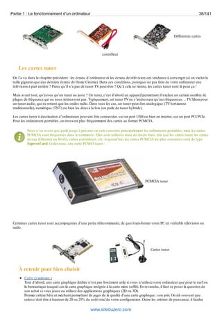 Partie 1 : Le fonctionnement d'un ordinateur 38/141 
Différentes cartes 
contrôleur 
Les cartes tuner 
On l’a vu dans le chapitre précédent : les écrans d’ordinateur et les écrans de télévision ont tendance à converger (si on exclut la 
taille gigantesque des derniers écrans de Home Cinema). Dans ces conditions, pourquoi ne pas faire de votre ordinateur une 
télévision à part entière ? Parce qu’il n’a pas de tuner TV peut-être ? Qu’à cela ne tienne, les cartes tuner sont là pour ça ! 
Mais avant tout, qu’est-ce qu’un tuner au juste ? Un tuner, c’est d’abord un appareil permettant d’exclure un certain nombre de 
plages de fréquence qui ne nous intéressent pas. Typiquement, un tuner TV ne s’intéressera qu’aux fréquences… TV. Idem pour 
un tuner audio, qui ne retient que les ondes radio. Dans tous les cas, un tuner peut être analogique (TV hertzienne 
traditionnelle), numérique (TNT) ou bien les deux à la fois (on parle de tuner hybride). 
Les cartes tuner à destination d’ordinateurs peuvent être connectées sur un port USB ou bien en interne, sur un port PCI/PCIe. 
Pour les ordinateurs portables, on trouvera plus fréquemment des cartes au format PCMCIA. 
Nous n’en avons pas parlé jusqu’à présent car cela concerne principalement les ordinateurs portables, mais les cartes 
PCMCIA sont fréquentes dans le commerce. Elles sont utilisées dans de divers buts, tels que les cartes tuner, les cartes 
réseau (Ethernet ou Wi-Fi), cartes contrôleurs, etc. Aujourd’hui, les cartes PCMCIA les plus courantes sont de type 
ExpressCard. Ci-dessous, une carte PCMCI tuner : 
PCMCIA tuner 
Certaines cartes tuner sont accompagnées d’une petite télécommande, de quoi transformer votre PC en véritable télévision ou 
radio. 
Cartes tuner 
À retenir pour bien choisir 
Carte graphique : 
Tout d’abord, une carte graphique dédiée n’est pas forcément utile si vous n’utilisez votre ordinateur que pour le surf ou 
la bureautique (auquel cas la carte graphique intégrée à la carte mère suffit). En revanche, il faut se poser la question de 
son achat si vous jouez ou utilisez des applications graphiques (2D ou 3D). 
Premier critère bête et méchant permettant de juger de la qualité d’une carte graphique : son prix. On dit souvent que 
celui-ci doit être à hauteur de 20 ou 25% du coût total de votre configuration. Outre les critères de puissance, il faudra 
www.siteduzero.com 
 