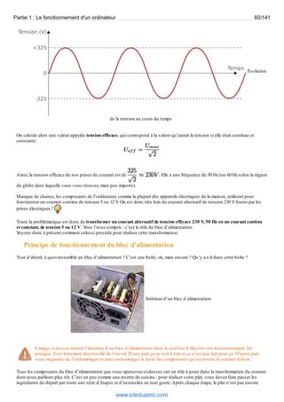 Partie 1 : Le fonctionnement d'un ordinateur 60/141 
Évolution 
de la tension au cours du temps 
On calcule alors une valeur appelée tension efficace, qui correspond à la valeur qu’aurait la tension si elle était continue et 
constante : 
Ainsi, la tension efficace de nos prises de courant est de . Elle a une fréquence de 50 Hz (ou 60 Hz selon la région 
du globe dans laquelle vous vous trouvez, mais peu importe). 
Manque de chance, les composants de l’ordinateur, comme la plupart des appareils électriques de la maison, utilisent pour 
fonctionner un courant continu de tension 5 ou 12 V. On est donc très loin du courant alternatif de tension 230 V fourni par les 
prises électriques ! 
Toute la problématique est donc de transformer un courant alternatif de tension efficace 230 V, 50 Hz en un courant continu 
et constant, de tension 5 ou 12 V. Vous l’avez compris : c’est le rôle du bloc d’alimentation. 
Voyons donc à présent comment celui-ci procède pour réaliser cette transformation. 
Principe de fonctionnement du bloc d’alimentation 
Tout d’abord, à quoi ressemble un bloc d’alimentation ? C’est une boîte, ok, mais encore ? Qu’y a-t-il dans cette boîte ? 
Intérieur d’un bloc d’alimentation 
L’image ci-dessus montre l’intérieur d’un bloc d’alimentation dans le seul but d’illustrer son fonctionnement. En 
pratique, il est fortement déconseillé de l’ouvrir. D’une part ça ne sert à rien et ce n’est pas fait pour ça. D’autre part, 
vous risqueriez de l’endommager et ainsi endommager le reste des composants qui recevront le courant délivré. 
Tous les composants du bloc d’alimentation que vous apercevez ci-dessus ont un rôle à jouer dans la transformation du courant 
dont nous parlions plus tôt. C’est un peu comme une recette de cuisine : pour réaliser votre plat, vous devez faire passer les 
ingrédients de départ par toute une série d’étapes et d’ustensiles en tout genre. Après chaque étape, le plat n’est pas encore 
www.siteduzero.com 
 