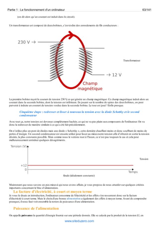 Partie 1 : Le fonctionnement d'un ordinateur 63/141 
(on dit alors qu’un courant est induit dans le circuit). 
Un transformateur est composé de deux bobines, c’est-à-dire des enroulements de fils conducteurs : 
Transformateur 
La première bobine reçoit le courant de tension 230 V, ce qui génère un champ magnétique. Ce champ magnétique induit alors un 
courant dans la seconde bobine, dont la tension est inférieure. En jouant sur le nombre de spires des deux bobines, on peut 
parvenir à induire un courant de tension voulue dans la seconde bobine. Le tour est joué ! Enfin presque. 
Cinquième étape : redresser et lisser à nouveau la tension avec la diode Schottky et le second 
condensateur 
Avec tout ça, notre tension est devenue complètement hachée, ce qui ne va pas plaire aux composants de l'ordinateur. On va 
donc la redresser de manière similaire à ce qui a été fait précédemment. 
On n’utilise plus un pont de diodes mais une diode « Schottky », cette dernière chauffant moins et donc souffrant de moins de 
pertes d’énergie. Un second condensateur est ensuite utilisé pour lisser au mieux notre tension afin d’obtenir en sortie la tension 
désirée, la plus constante possible. Mais comme nous le verrons tout à l’heure, ce n’est pas toujours le cas et cela peut 
malheureusement entraîner quelques désagréments. 
Tension 
finale (idéalement constante) 
Maintenant que nous savons un peu mieux à qui nous avons affaire, je vous propose de nous attarder sur quelques critères 
importants concernant le bloc d’alimentation. 
La facture d’électricité, à court et moyen terme 
Je vous le disais en introduction, l'ordinateur consomme de l'électricité et les effets s'en ressentent donc sur la facture 
d'électricité à court terme. Mais le choix d'une bonne alimentation a également des effets à moyen terme. Avant de comprendre 
pourquoi, il nous faut voir ensemble la notion de puissance d'une alimentation. 
Puissance de l'alimentation 
On appelle puissance la quantité d'énergie fournie sur une période donnée. Elle se calcule par le produit de la tension (U, en 
www.siteduzero.com 
 