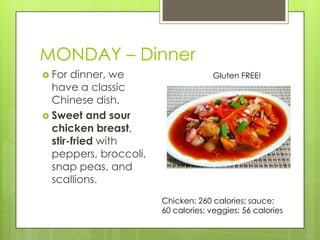 MONDAY – DinnerFor dinner, we have a classic Chinese dish. Sweet and sour chicken breast, stir-fried with peppers, broccoli, snap peas, and scallions.Gluten FREE!Chicken: 260 calories; sauce: 60 calories; veggies: 56 calories