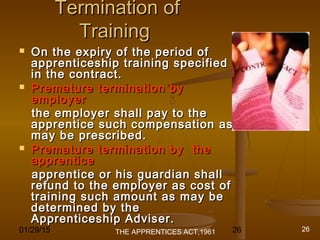 01/29/15 26
Termination ofTermination of
TrainingTraining
 On the expiry of the period ofOn the expiry of the period of
apprenticeship training specifiedapprenticeship training specified
in the contract.in the contract.
 Premature termination byPremature termination by
employeremployer
the employer shall pay to thethe employer shall pay to the
apprentice such compensation asapprentice such compensation as
may be prescribed.may be prescribed.
 Premature termination by thePremature termination by the
apprenticeapprentice
apprentice or his guardian shallapprentice or his guardian shall
refund to the employer as cost ofrefund to the employer as cost of
training such amount as may betraining such amount as may be
determined by thedetermined by the
Apprenticeship Adviser.Apprenticeship Adviser.
THE APPRENTICES ACT,1961 26
 