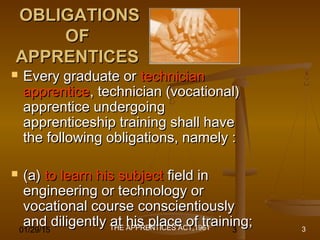 01/29/15 3
OBLIGATIONSOBLIGATIONS
OFOF
APPRENTICESAPPRENTICES
 Every graduate orEvery graduate or techniciantechnician
apprenticeapprentice, technician (vocational), technician (vocational)
apprentice undergoingapprentice undergoing
apprenticeship training shall haveapprenticeship training shall have
the following obligations, namely :the following obligations, namely :
 (a)(a) to learn his subjectto learn his subject field infield in
engineering or technology orengineering or technology or
vocational course conscientiouslyvocational course conscientiously
and diligently at his place of training;and diligently at his place of training;THE APPRENTICES ACT,1961 3
 