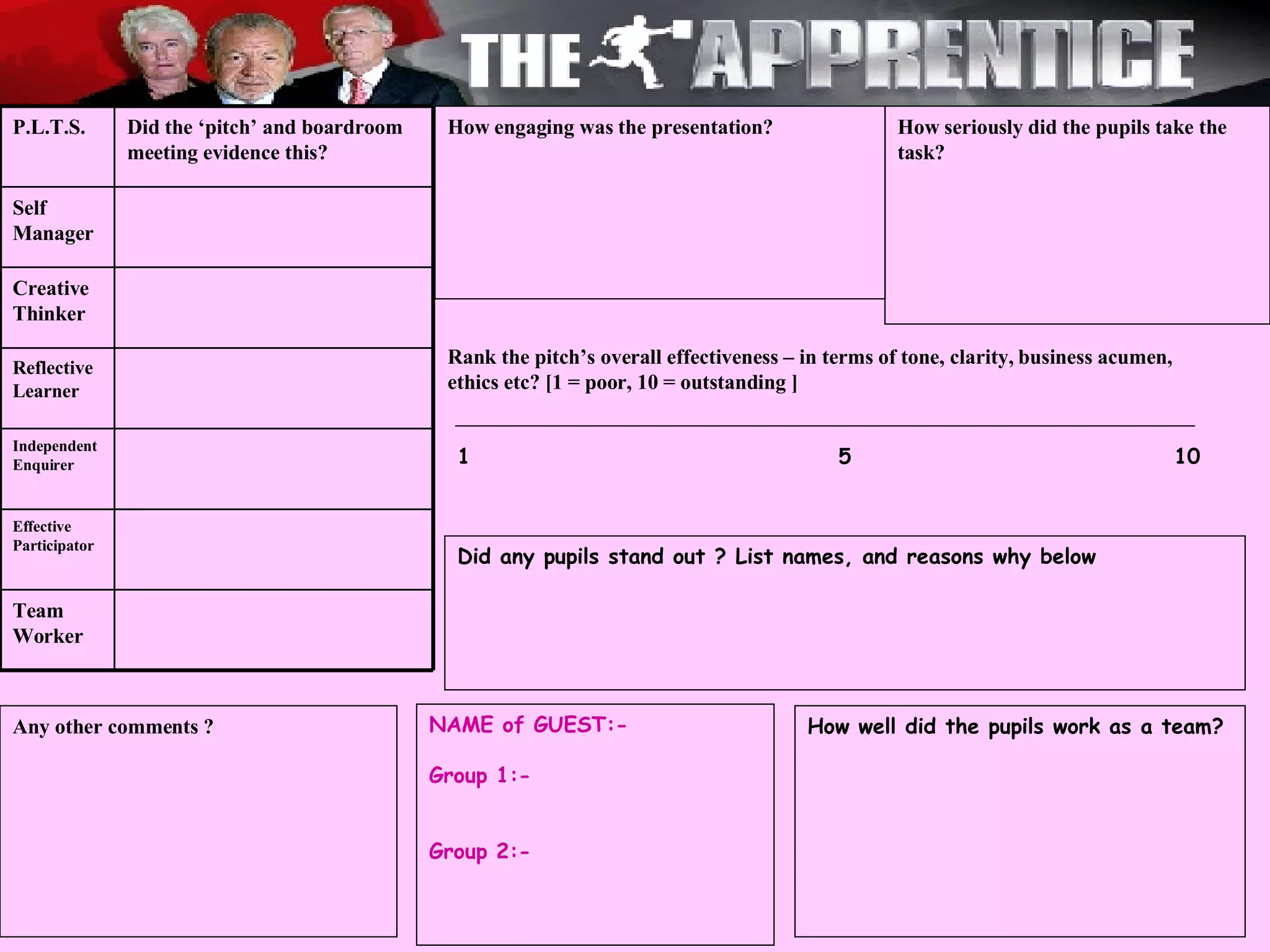 How engaging was the presentation? How seriously did the pupils take the task? Rank the pitch’s overall effectiveness – in terms of tone, clarity, business acumen, ethics etc? [1 = poor, 10 = outstanding ] 1 5   10   Did any pupils stand out ? List names, and reasons why below Any other comments ? How well did the pupils work as a team?  NAME of GUEST:- Group 1:- Group 2:- P.L.T.S. Did the ‘pitch’ and boardroom meeting evidence this? Self Manager Creative Thinker Reflective Learner Independent Enquirer Effective Participator Team Worker 