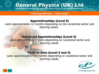 Apprenticeships (Level 2) Lasts approximately 12 months depending on the vocational sector and learning needs.  Advanced Apprenticeships (Level 3)  Lasts approximately 2 years depending on vocational sector and learning needs. Train to Gain (Level 2 and 3)  Lasts approximately 6-9 months depending on vocational sector and learning needs. Training delivery – how long? 