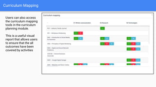 Curriculum Mapping
Users can also access
the curriculum mapping
tools in the curriculum
planning module.
This is a useful visual
report that allows users
to ensure that the all
outcomes have been
covered by activities
 