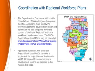 • The Department of Commerce will consider
projects from LWAs and regions throughout
the state. Applicants must identify the
workforce/economic development region and
administer the pilot programs within the
context of the State, Regional, and Local
workforce development plans. The WIOA
Regional and Local Plans may be viewed at:
www.illinoisworknet.com/WIOA/RegPlanning
/Pages/Plans_MOUs_Dashboard.aspx.
• Applicants must work with the State,
Regional and Local WIOA partners to
implement the project in coordination with
WIOA. Illinois workforce and economic
development regions are depicted in the
map on this page.
Coordination with Regional Workforce Plans
 