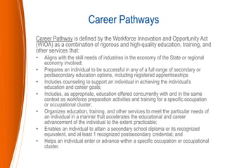 Career Pathway is defined by the Workforce Innovation and Opportunity Act
(WIOA) as a combination of rigorous and high-quality education, training, and
other services that:
• Aligns with the skill needs of industries in the economy of the State or regional
economy involved;
• Prepares an individual to be successful in any of a full range of secondary or
postsecondary education options, including registered apprenticeships
• Includes counseling to support an individual in achieving the individual’s
education and career goals;
• Includes, as appropriate, education offered concurrently with and in the same
context as workforce preparation activities and training for a specific occupation
or occupational cluster;
• Organizes education, training, and other services to meet the particular needs of
an individual in a manner that accelerates the educational and career
advancement of the individual to the extent practicable;
• Enables an individual to attain a secondary school diploma or its recognized
equivalent, and at least 1 recognized postsecondary credential; and
• Helps an individual enter or advance within a specific occupation or occupational
cluster.
Career Pathways
 