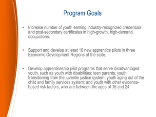 • Increase number of youth earning industry-recognized credentials
and post-secondary certificates in high-growth, high-demand
occupations.
• Support and develop at least 10 new apprentice pilots in three
Economic Development Regions of the state.
• Develop apprenticeship pilot programs that serve disadvantaged
youth, such as youth with disabilities; teen parents; youth
transitioning from the juvenile justice system; youth aging out of the
child and family services system; and youth with other evidence-
based risk factors, who are between the ages of 16 and 24.
Program Goals
 