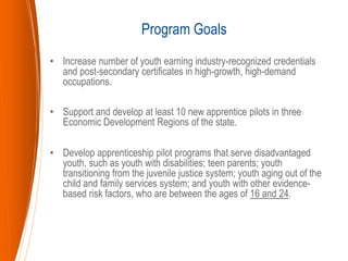 • Increase number of youth earning industry-recognized credentials
and post-secondary certificates in high-growth, high-de...