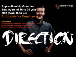 Apprenticeship Grant for
Employers of 16 to 24 year
olds (AGE 16 to 24)
An Update for Employers
Presented by
Apprenticeship Recruitment Team - Birmingham
Email: info@apprenticeshiprecruitment.co.uk
http://www.ApprenticeshipRecruitment.co.uk
 
