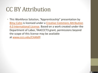 CC BY Attribution 
• This Workforce Solution, ”Apprenticeship” presentation by 
Bitsy Cohn is licensed under a Creative Commons Attribution 
4.0 International License. Based on a work created under the 
Department of Labor, TAACCCT3 grant, permissions beyond 
the scope of this license may be available 
at www.cccs.edu/CHAMP. 
