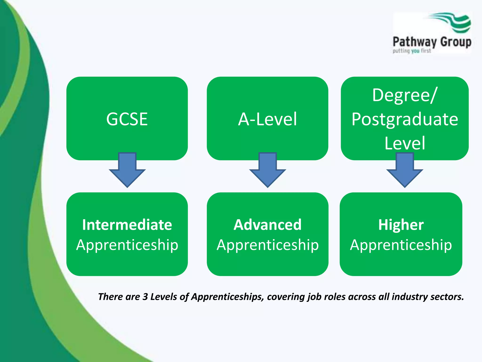 GCSE
Intermediate
Apprenticeship
Advanced
Apprenticeship
Higher
Apprenticeship
A-Level
Degree/
Postgraduate
Level
There are 3 Levels of Apprenticeships, covering job roles across all industry sectors.
 