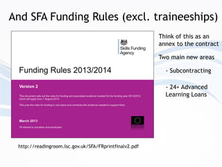 And SFA Funding Rules (excl. traineeships)
http://readingroom.lsc.gov.uk/SFA/FRprintfinalv2.pdf
Two main new areas
- Subco...