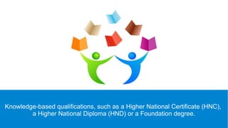 Knowledge-based qualifications, such as a Higher National Certificate (HNC),
a Higher National Diploma (HND) or a Foundation degree.
 
