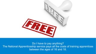 Do I have to pay anything?
The National Apprenticeship service pays all the costs of training
apprentices between the ages of 16 and 18.
 
