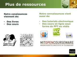Plus de ressources

Notre conaissances     Notre connaissances vient
viennent de:           aussi de:

• Des livres           • Des tutorials electronique
• Des cours            • Des cours en ligne sous
                         forme de PPT ou vé  dio




www.themegallery.com
 