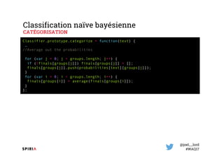 @joel__lord
#WAQ17
Classification naïve bayésienne
CATÉGORISATION
Classifier.prototype.categorize = function(text) {
…
//A...