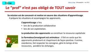 Les services web sont adaptés
Gilles Le Page - @lepagegilles - nov 2013
Le formateur/enseignant les sélectionne.
Ils sont faciles, gratuits, sans publicité, et protègent l'e-réputation des apprenants
Ils sont peu nombreux, les tutoriels sont accessibles
Le formateur/enseignant les maîtrise au point de pouvoir en transmettre l'usage
Le formateur/enseignant les sélectionne.
Ils sont faciles, gratuits, sans publicité, et protègent l'e-réputation des apprenants
Ils sont peu nombreux, les tutoriels sont accessibles
Le formateur/enseignant les maîtrise au point de pouvoir en transmettre l'usage
ÉclairageÉclairage
Je vous conseille de consulter l'excellent dossier
de Audrey Miller sur Infobourg (mai 2013) :
«Les outils qui rendent possible la classe inversée»
 
