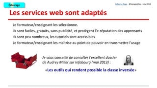Quelques liens pertinents

Educavox : Méthodes et modèles pédagogiques (F. Haeuw) : http://goo.gl/4sPBYq

Travail collaboratif en communauté virtuelle (Carte heuristique) : http://www.xmind.net/m/p2u8/

Nétiquette de travail collaboratif (Carte heuristique) : http://www.xmind.net/m/KTiv/

Méthode pour le travail collaboratif (Carte heuristique) : http://www.xmind.net/m/e4cF/

Constructivisme et apprentissage en ligne (blog epedagogie) : http://goo.gl/mMiKi

"Socio-constructivisme", formation professionnelle et TIC (blog epedagogie) : http://goo.gl/d3S2bX

Netpublic.fr : « La boite à outil du travailleur du web » (Dossier 2012) : http://goo.gl/QumT5

PedagoGeeks :  Quelques usages pédagogiques non exhautifs du Web 2.0 : http://goo.gl/fNADe

Docs Pour Docs : Comment enseigner Google à l’Ecole ? : http://goo.gl/Qf41tc

Académie de Créteil : Réaliser un travail collaboratif en 6e grâce à Framapad : http://goo.gl/DQaPwh

Formavox : 5 clés de succès pour réussir vos prochains parcours de formation en ligne http://goo.gl/aCa03s

Les nouveaux rôles de l’apprenant (Jack Cool) : http://goo.gl/pBtiBH et http://goo.gl/hpsvtd

Educavox : Méthodes et modèles pédagogiques (F. Haeuw) : http://goo.gl/4sPBYq

Travail collaboratif en communauté virtuelle (Carte heuristique) : http://www.xmind.net/m/p2u8/

Nétiquette de travail collaboratif (Carte heuristique) : http://www.xmind.net/m/KTiv/

Méthode pour le travail collaboratif (Carte heuristique) : http://www.xmind.net/m/e4cF/

Constructivisme et apprentissage en ligne (blog epedagogie) : http://goo.gl/mMiKi

"Socio-constructivisme", formation professionnelle et TIC (blog epedagogie) : http://goo.gl/d3S2bX

Netpublic.fr : « La boite à outil du travailleur du web » (Dossier 2012) : http://goo.gl/QumT5

PedagoGeeks :  Quelques usages pédagogiques non exhautifs du Web 2.0 : http://goo.gl/fNADe

Docs Pour Docs : Comment enseigner Google à l’Ecole ? : http://goo.gl/Qf41tc

Académie de Créteil : Réaliser un travail collaboratif en 6e grâce à Framapad : http://goo.gl/DQaPwh

Formavox : 5 clés de succès pour réussir vos prochains parcours de formation en ligne http://goo.gl/aCa03s

Les nouveaux rôles de l’apprenant (Jack Cool) : http://goo.gl/pBtiBH et http://goo.gl/hpsvtd
Gilles Le Page - @lepagegilles - nov 2013
 
