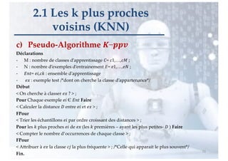 c) Pseudo-Algorithme !−""#
Déclarations
- M : nombre de classes d’apprentissage $= %1,…,%& ;
- N : nombre d’exemples d’entrainement '= (1,…,() ;
- '*+= (,,%- : ensemble d’apprentissage
- (. : exemple test /*dont on cherche la classe d’appartenance*/
Début
< On cherche à classer (. ? > ;
Pour Chaque exemple (, Є '*+ Faire
< Calculer la distance / entre (, et (. > ;
FPour
< Trier les échantillons (, par ordre croissant des distances > ;
Pour les - plus proches (, de (. (les - premières – ayant les plus petites- / ) Faire
< Compter le nombre d’occurrences de chaque classe > ;
FPour
< AQribuer à (. la classe %0 la plus fréquente > ; /*Celle qui apparait le plus souvent*/
Fin.
73
2.1 Les k plus proches
voisins (KNN)
 