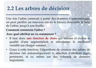 Une fois l'arbre construit à partir des données d'apprentissage,
on peut prédire un nouveau cas en le faisant descendre le long
de l'arbre, jusqu'à une feuille.
Comment construire l’arbre ?
Avec quel a4ribut on va commencer ?
• Il faut donc une fonction de choix qui mesure et évalue la
qualité d'une segmentation et sélectionne la meilleure
variable sur chaque sommet.
• Grace à ce>e fonction, l'algorithme de création des arbres de
décision fait automatiquement la sélection d'a>ributs jugés
pertinents, et ce, même sur des volumes de données
importants.
82
2.2 Les arbres de décision
 