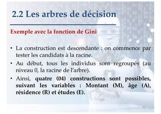 Exemple avec la fonction de Gini
• La construction est descendante : on commence par
tester les candidats à la racine.
• Au début, tous les individus sont regroupés (au
niveau 0, la racine de l’arbre).
• Ainsi, quatre (04) constructions sont possibles,
suivant les variables : Montant (M), âge (A),
résidence (R) et études (E).
95
2.2 Les arbres de décision
 