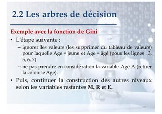 Exemple avec la fonction de Gini
• L’étape suivante :
– ignorer les valeurs (les supprimer du tableau de valeurs)
pour laquelle Age = jeune et Age = âgé (pour les lignes : 3,
5, 6, 7)
– ne pas prendre en considération la variable Age A (retirer
la colonne Age).
• Puis, continuer la construction des autres niveaux
selon les variables restantes M, R et E.
100
2.2 Les arbres de décision
 