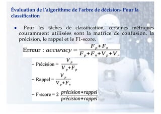 Évaluation de l’algorithme de l’arbre de décision- Pour la
classification
● Pour les tâches de classification, certaines métriques
couramment utilisées sont la matrice de confusion, la
précision, le rappel et le F1-score.
 