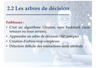 Faiblesses :
• C’est un algorithme Glouton, sans backtrack (sans
retracer ou trace arrière).
• Apprendre un arbre de décision : NP-complet
• Création d’arbres trop complexes
• Détection diﬃcile des interactions entre aDributs
108
2.2 Les arbres de décision
 