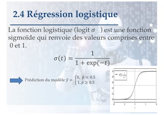 117
2.4 Régression logistique
La fonction logistique (logit ! ) est une fonction
sigmoïde qui renvoie des valeurs comprises entre
0 et 1.
! " =
1
1 + exp(−")
Prédiction du modèle ,
- = .
0, ̂
2 < 0.5
1, ̂
2 ≥ 0.5
 