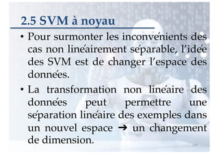 2.5 SVM à noyau
• Pour surmonter les inconvénients des
cas non linéairement séparable, l’idée
des SVM est de changer l’espace des
données.
• La transformation non linéaire des
données peut permettre une
séparation linéaire des exemples dans
un nouvel espace ➔ un changement
de dimension. 124
 