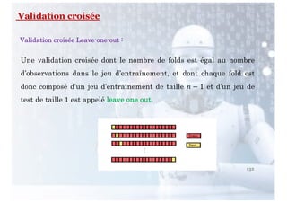 132
Validation croisée Leave-one-out :
Une validation croisée dont le nombre de folds est égal au nombre
d’observations dans le jeu d’entraînement, et dont chaque fold est
donc composé d’un jeu d’entraînement de taille ! − 1 et d’un jeu de
test de taille 1 est appelé leave one out.
Validation croisée
 