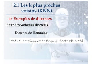 a) Exemples de distances
2.1 Les k plus proches
voisins (KNN)
70
Pour des variables discrètes :
Distance de Hamming
 
