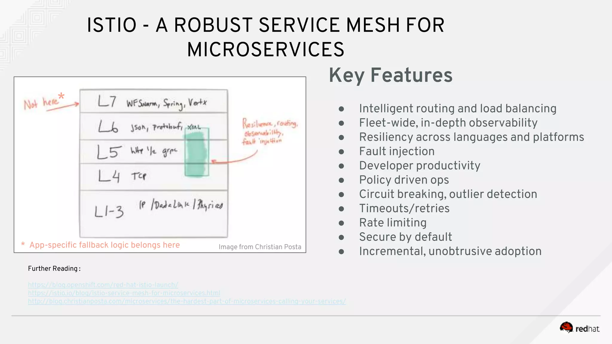 ISTIO - A ROBUST SERVICE MESH FOR
MICROSERVICES
Further Reading :
https://blog.openshift.com/red-hat-istio-launch/
https://istio.io/blog/istio-service-mesh-for-microservices.html
http://blog.christianposta.com/microservices/the-hardest-part-of-microservices-calling-your-services/
Key Features
● Intelligent routing and load balancing
● Fleet-wide, in-depth observability
● Resiliency across languages and platforms
● Fault injection
● Developer productivity
● Policy driven ops
● Circuit breaking, outlier detection
● Timeouts/retries
● Rate limiting
● Secure by default
● Incremental, unobtrusive adoptionImage from Christian Posta
*
* App-specific fallback logic belongs here
 