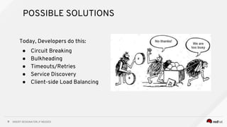 INSERT DESIGNATOR, IF NEEDED11
POSSIBLE SOLUTIONS
Today, Developers do this:
● Circuit Breaking
● Bulkheading
● Timeouts/Retries
● Service Discovery
● Client-side Load Balancing
 