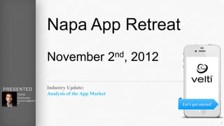 Napa App Retreat
                          November 2nd, 2012

PRESENTED                 Industry Update:
BY  Vishal                Analysis of the App Market
    Gurbuxani
    vgurbuxani@velti.co
    m
                                                       Let’s get started!



                                                                            1
 