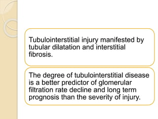 Tubulointerstitial injury manifested by
tubular dilatation and interstitial
fibrosis.
The degree of tubulointerstitial disease
is a better predictor of glomerular
filtration rate decline and long term
prognosis than the severity of injury.
 