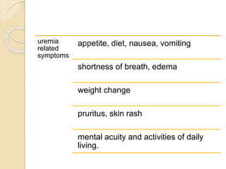 uremia
related
symptoms
appetite, diet, nausea, vomiting
shortness of breath, edema
weight change
pruritus, skin rash
mental acuity and activities of daily
living.
 
