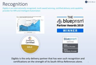 Recognition
1
Digiblu is the only delivery partner that has won such recognition and
certifications on the strength of its South Africa References alone.
Digiblu is an internationally recognized, multi-award winning, certified delivery and capability
provider for RPA and Intelligent Automation
 