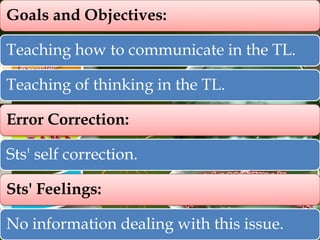Goals and Objectives:
Teaching how to communicate in the TL.
Teaching of thinking in the TL.

Error Correction:
Sts' self correction.
Sts' Feelings:
No information dealing with this issue.

 