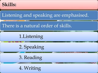 Skills:
Listening and speaking are emphasised.
There is a natural order of skills.

1.Listening
2. Speaking
3. Reading
4. Writing

 