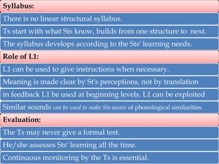 Syllabus:

There is no linear structural syllabus.
Ts start with what Sts know, builds from one structure to next.
The syllabus develops according to the Sts' learning needs.
Role of L1:
L1 can be used to give instructions when necessary.
Meaning is made clear by St's perceptions, not by translation
in feedback L1 be used at beginning levels. L1 can be exploited
Similar sounds can be used to make Sts aware of phonological similarities.
Evaluation:
The Ts may never give a formal test.
He/she assesses Sts' learning all the time.

Continuous monitoring by the Ts is essential.

 